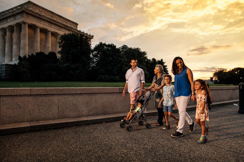 Family walking on the National Mall - How to tour the monuments and memorials in Washington, DC