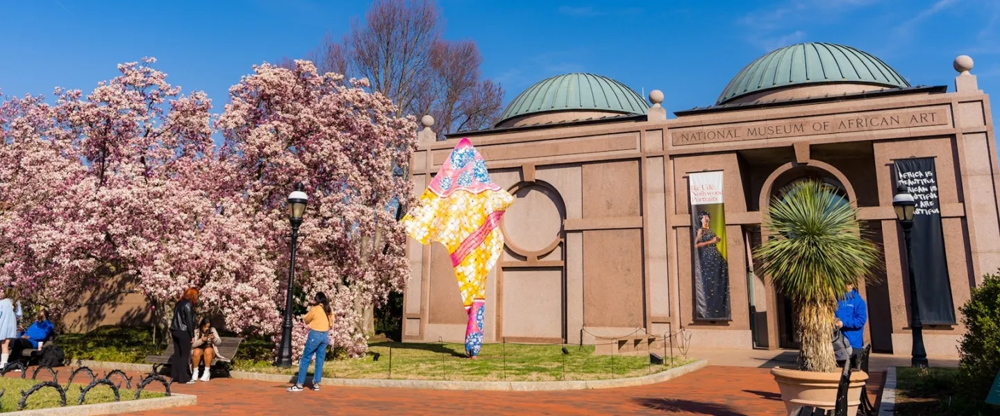 An exterior view of the Smithsonian's National Museum of African Art on a sunny spring day.