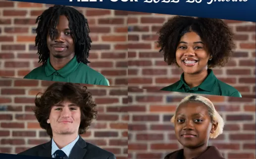 Four high school seniors smile in professional headshots against a brick wall
