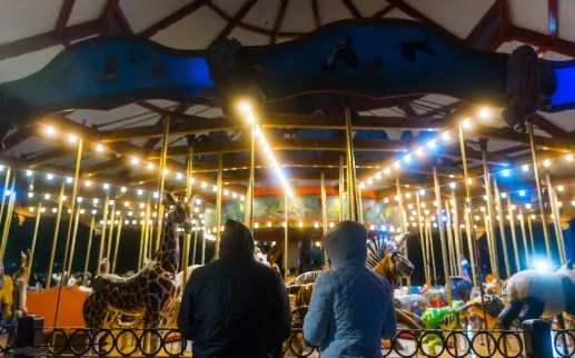 Two people in winter coats watch an illuminated carousel with animal figures during ZooLights at night.
