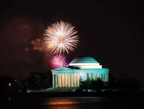 Thomas Jefferson Memorial with Fireworks in the night sky